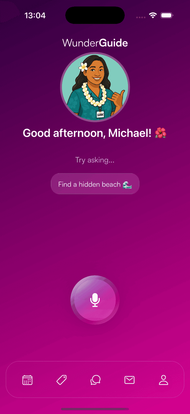 WunderGuide app screenshot showing Leilani greeting a traveler